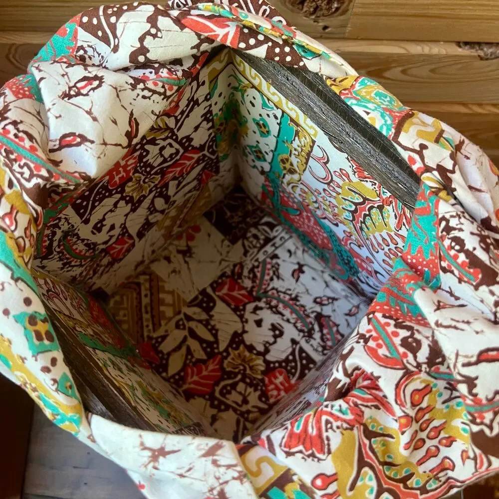 Handmade Wood Crate Basket Bag Box Purse Folk Art Patchwork Lined Rustic Decor